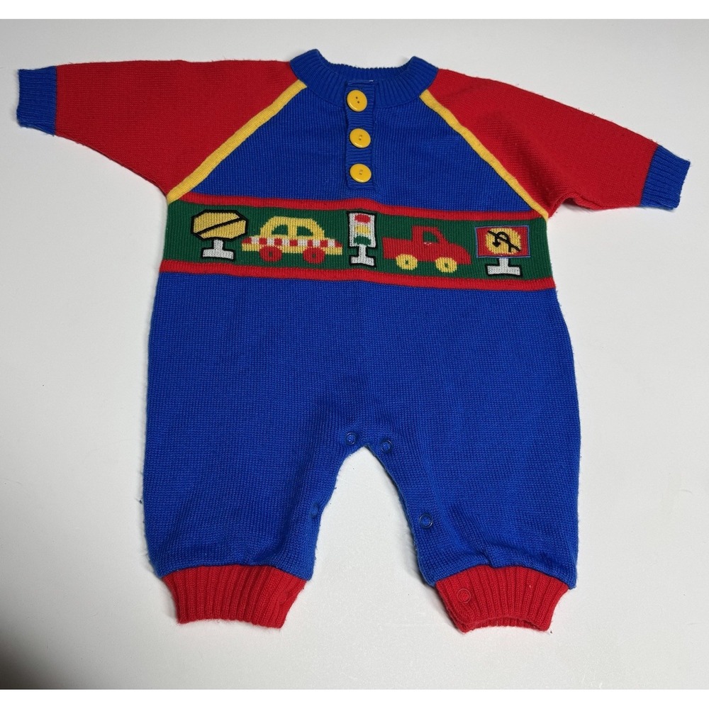 Vtg Bright Future Toddler Color Block Knit Truck Taxi Cars Snap One Piece 3-6 M